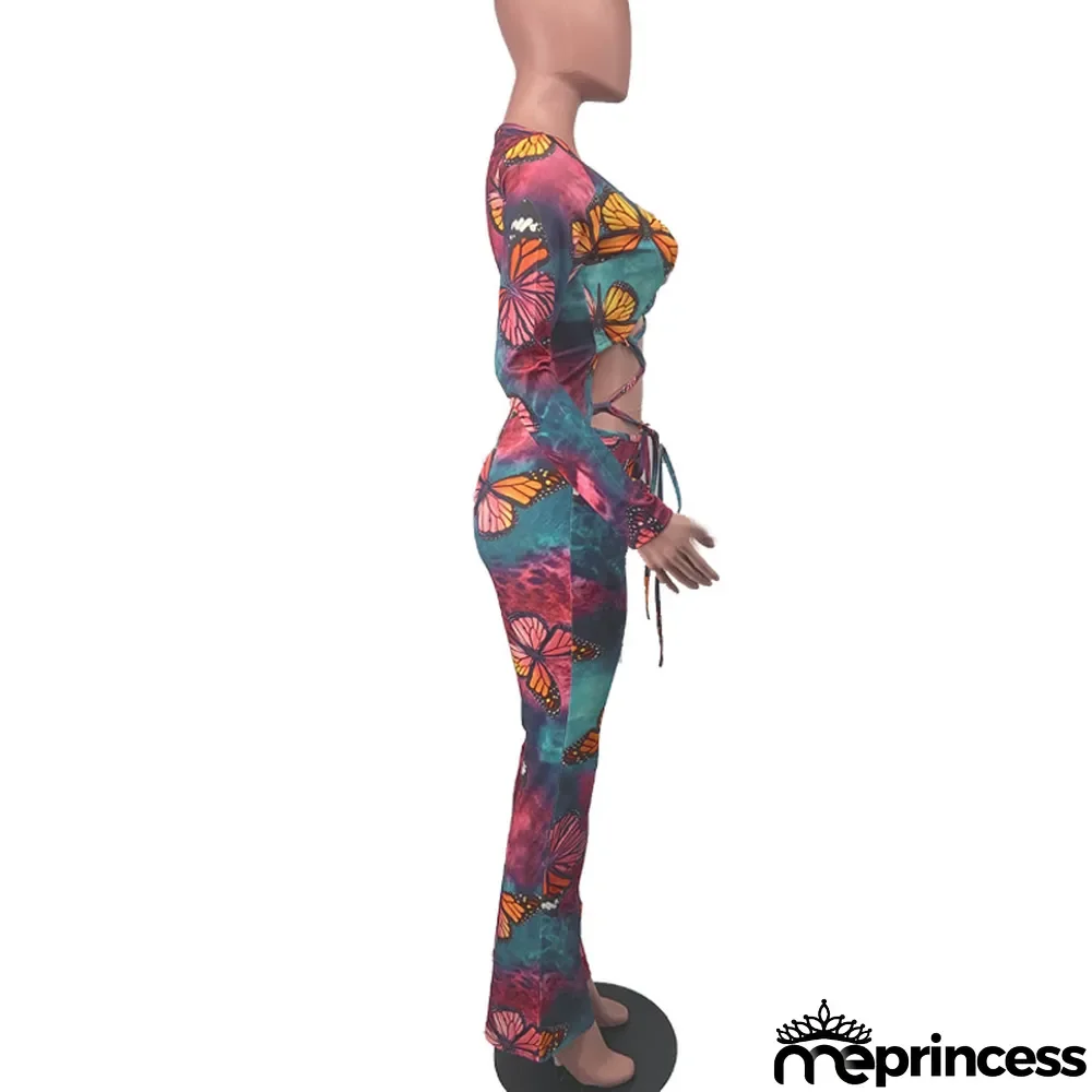 Women'S Sexy Lace-Up Butterfly Print Long Sleeve Jumpsuit