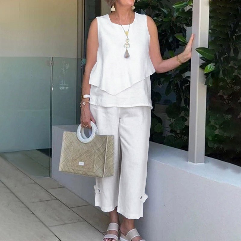 Solid Cotton And HempSleeveless Suit Two-piece