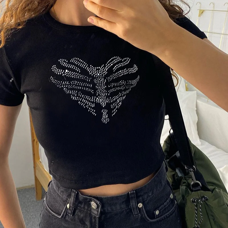 Uveng Uveng Summer Sternum Love Hot Drill Women's Jacket Street Trend Slim Crop T-Shirt Women