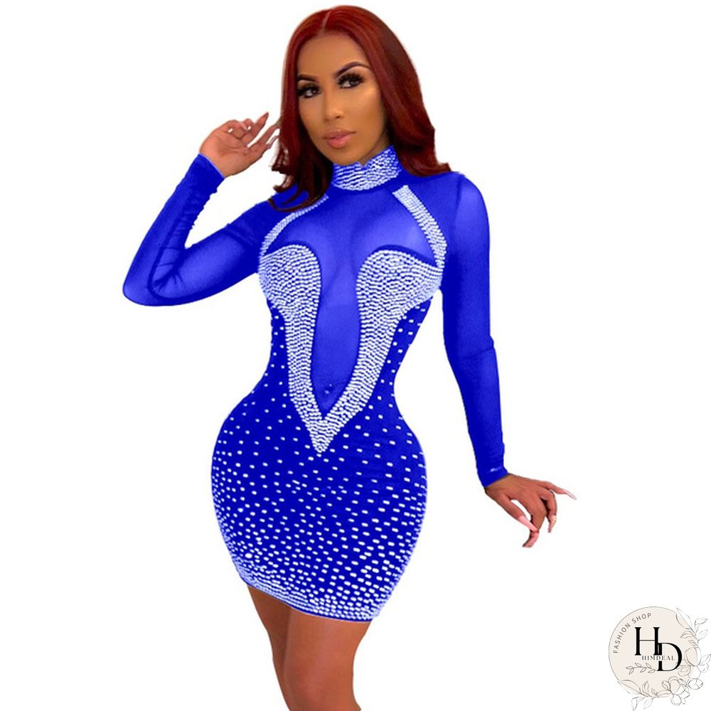 Women Sexy Night Club Dresses Bodycon Party Dress Bling Bling Rhinestone Zipper Sheer Long Sleeve Mini Dress White Black Blue Pink