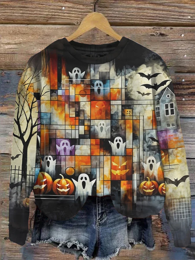 Women's Halloween Pumpkin Ghost Print Sweatshirt