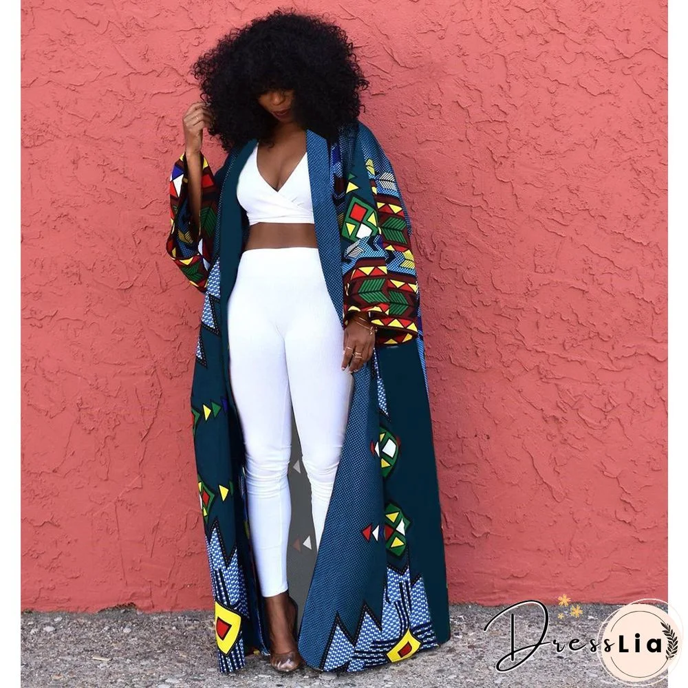 Printed Long Sleeve Open Front Long Cardigan Tops