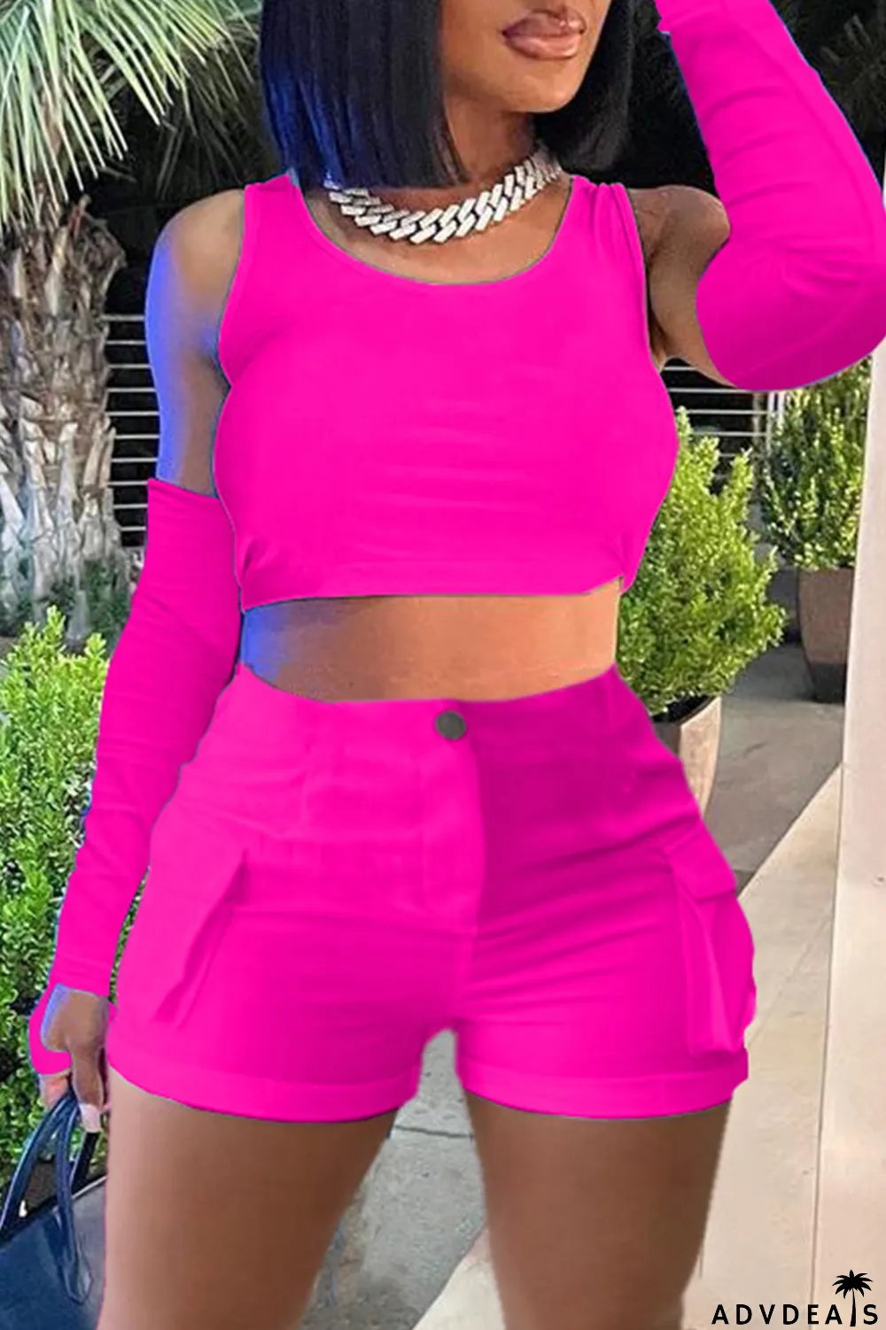 Khaki Casual Solid Basic O Neck Four Piece Set (With Sleeves)