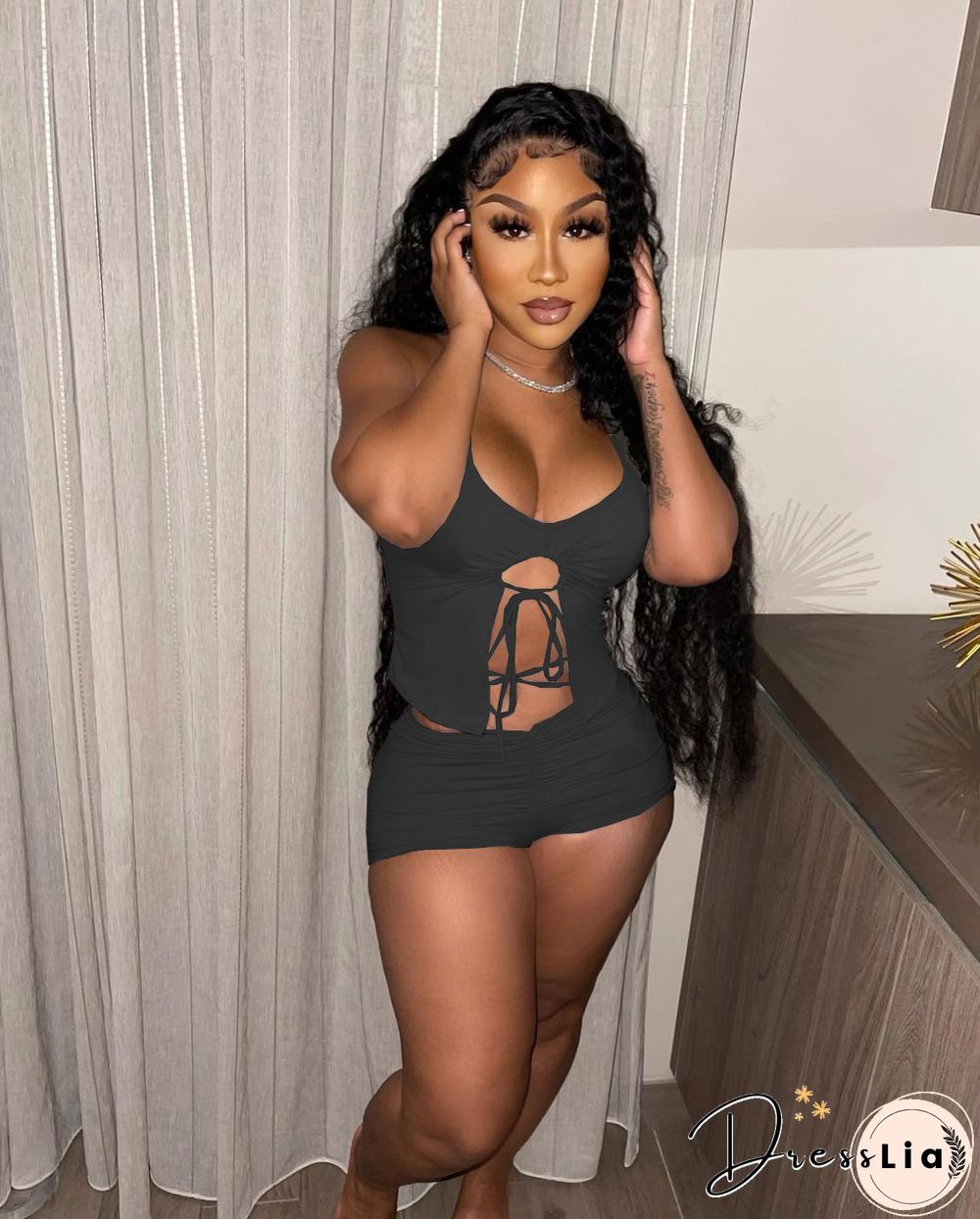 Summer Women Sexy Solid Color Irregular Hollow Out Sleeveless Halter Top Skinny Shorts Two Piece Suit