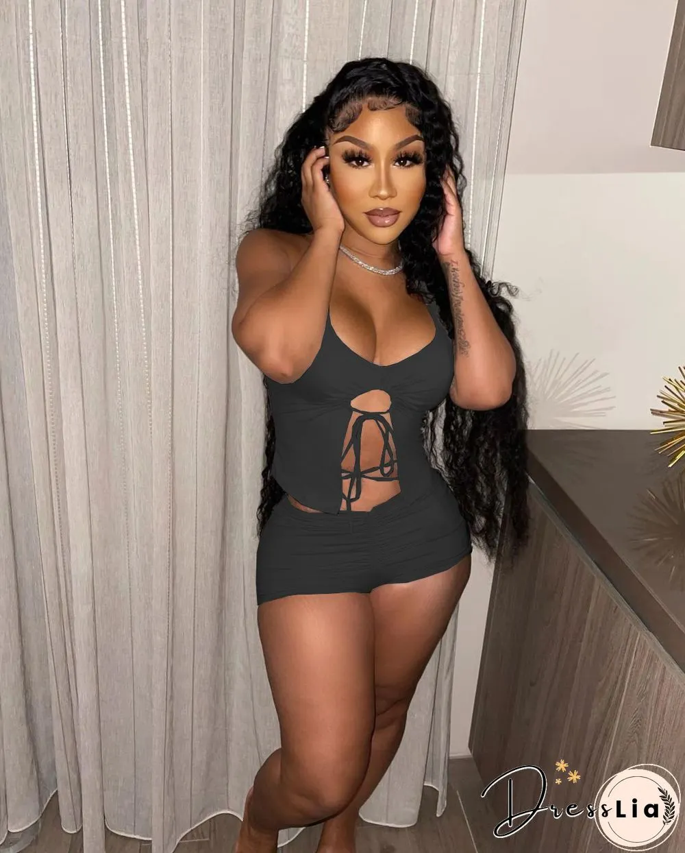 Summer Women Sexy Solid Color Irregular Hollow Out Sleeveless Halter Top Skinny Shorts Two Piece Suit
