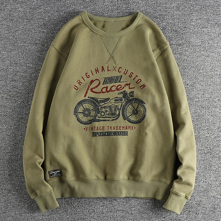 Retro Motorcycle Print Long-Sleeved Velvet Thickened Sweatshirt