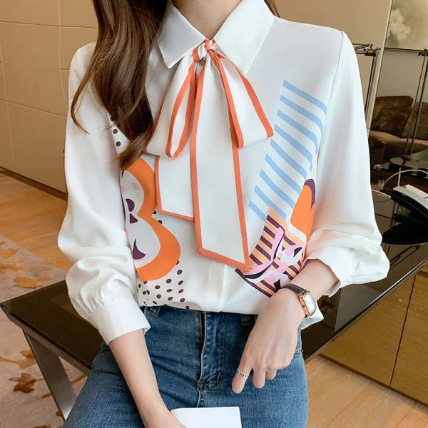 Jangj Women Shirt Chiffon Thin Covered Button Casual Print Women's Clothing Bow Spring Autumn Turn-down Collar Long Sleeve Popularity