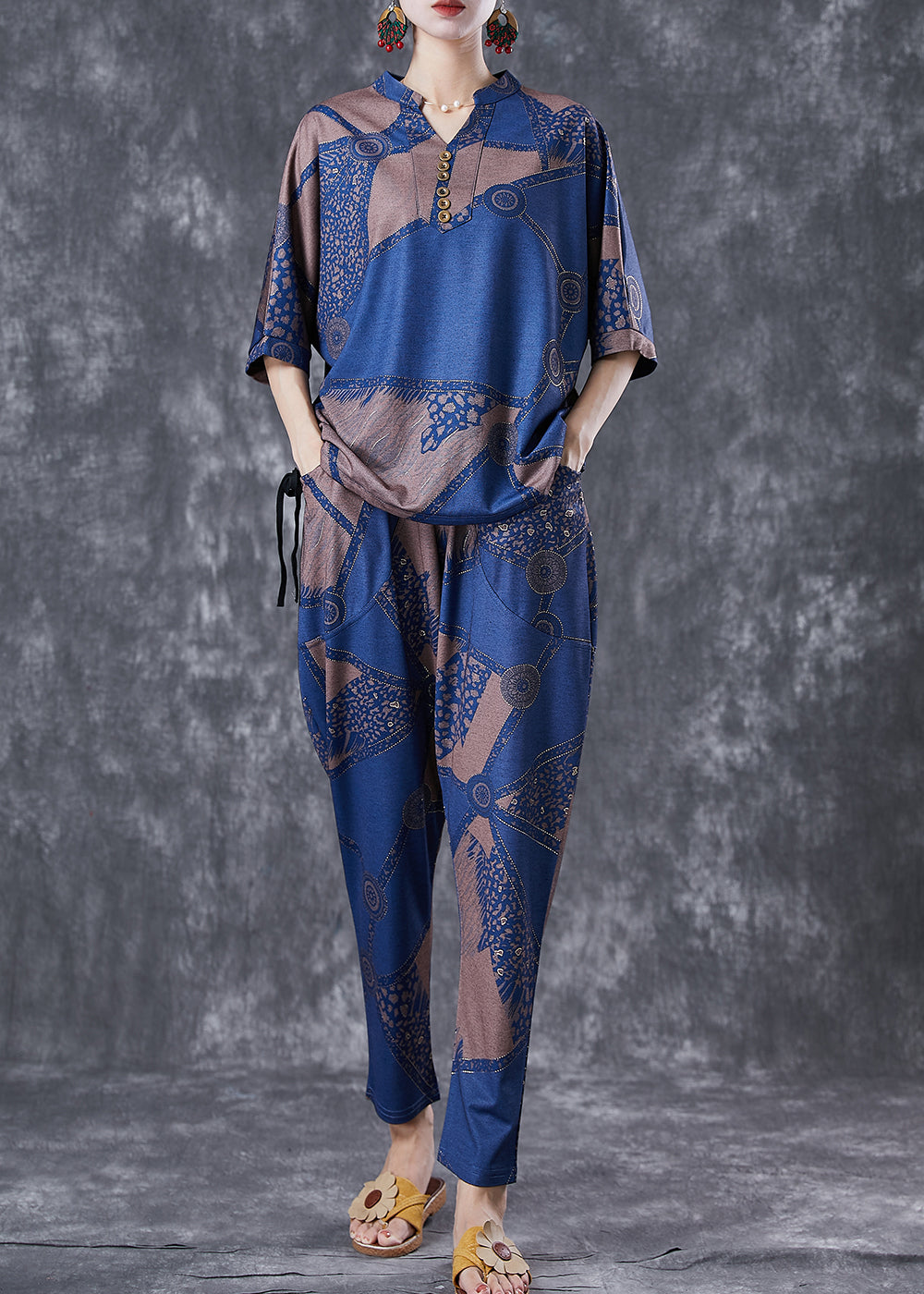 VCSHOES Blue V Neck Print Cotton Two Piece Set Outfits Summer