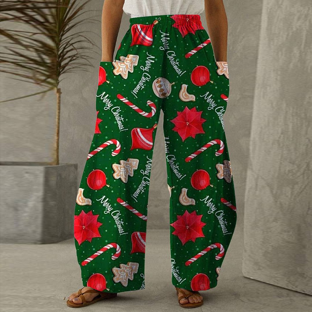 Merry Christmas Style Patterns Print Women Solid Green Wide-leg Pants
