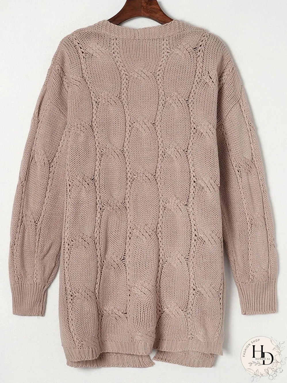 Apricot Eyelet Cable Knit Cardigan with Ribbed Trim