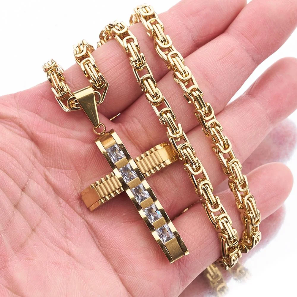 5mm Byzantine Chain Cross Pendant Necklace-VESSFUL