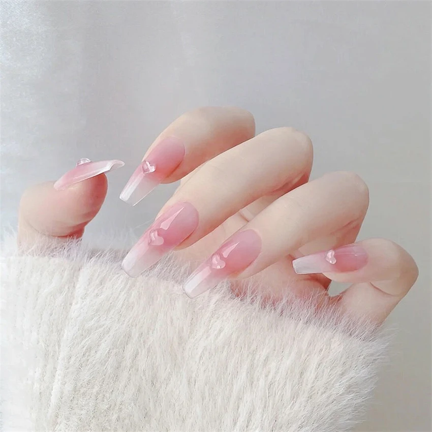Bayuyun 24Pcs/Set Coffee Leopard French Fake Nails with Diamonds Japan Korean Artificial Acrylic Press on Nails Removable Stick on Nails