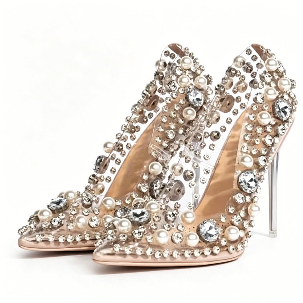 Pearl Rhinestone Decor PVC Pointed Toe Pumps Slip On Women Shoes Thin High Heels Fashion Party Banquet 2024 Zapatos Para Mujere  highheelher