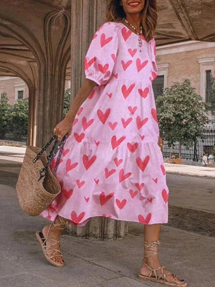 VChics Pink Sweet Heart Printed Short Sleeve Midi Dress