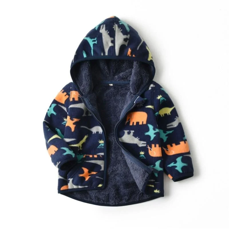 Mudkingdom Boys Coats Fashion Dinosaur Print Pattern Long Sleeve Hooded Children Outerwear Winter Fleece Boys Jackets
