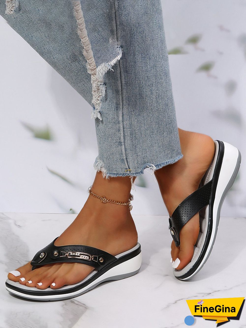 Metal Rhinestone Slope Heel Flip-Flops
