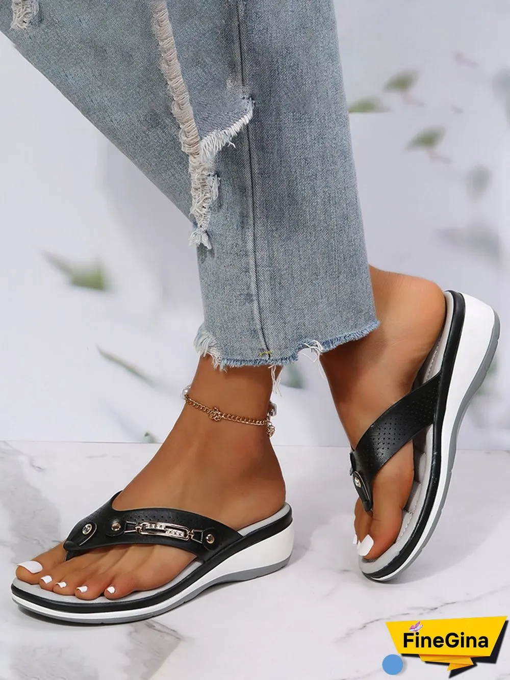 Metal Rhinestone Slope Heel Flip-Flops