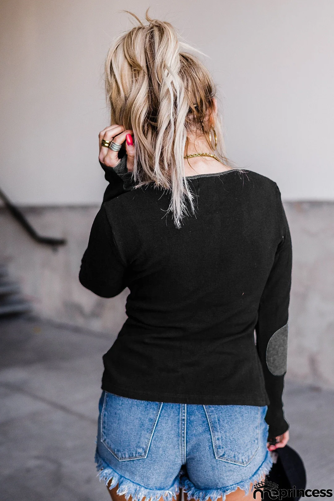 Contrast Elbow Patch Black Long Sleeve Top