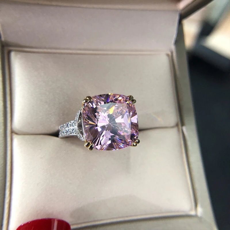 100% 925 Sterling Silver Sparkling Square Pink Yellow White High Carbon Diamond Wedding Rings For Women  Fine Jewelry Gift