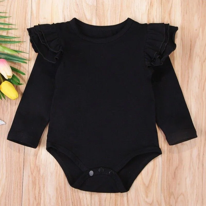 2018 Brand New Infant Toddler Newborn Baby Girl Boy Cotton Bodysuit Ruffled Long Sleeve Outfits Solid Jumpsuit Sunsuit Wholesale