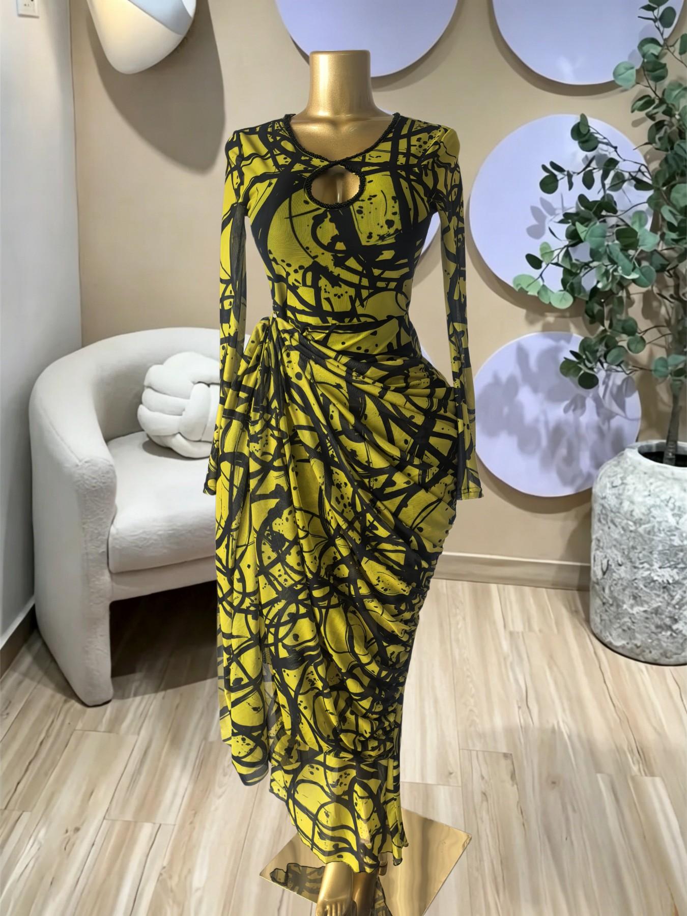 PULKRITU Elegant Women's Striped Pleated Long Sleeve Bodycon Maxi Prom Dress, Formal Wear, Fashion Birthday Party Outfit Evening Gown, Perfect for Special Occasions,Lady Casual Dress,Female Brunch Dresses,Graduation Dress, Print