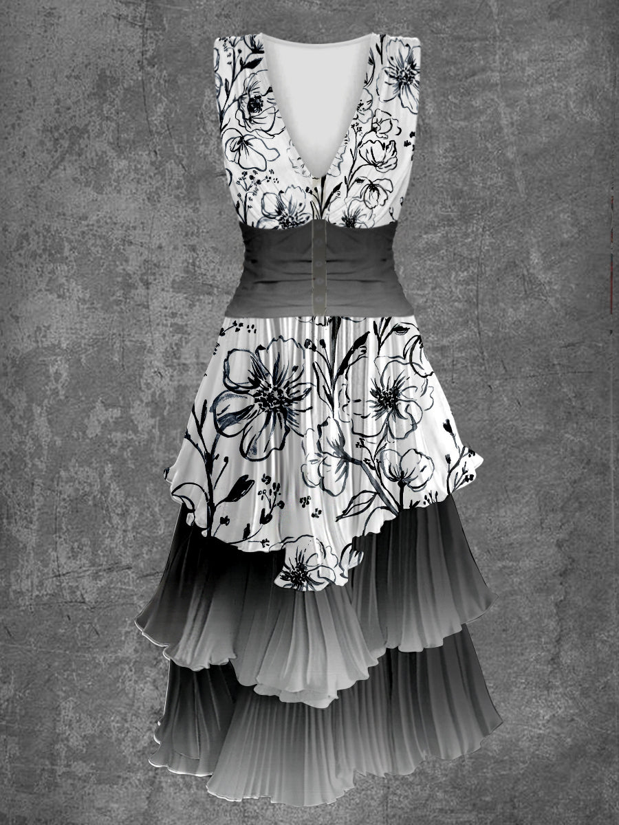 Floral Print Sleeveless V-Neck Button Up Retro Midi Dress