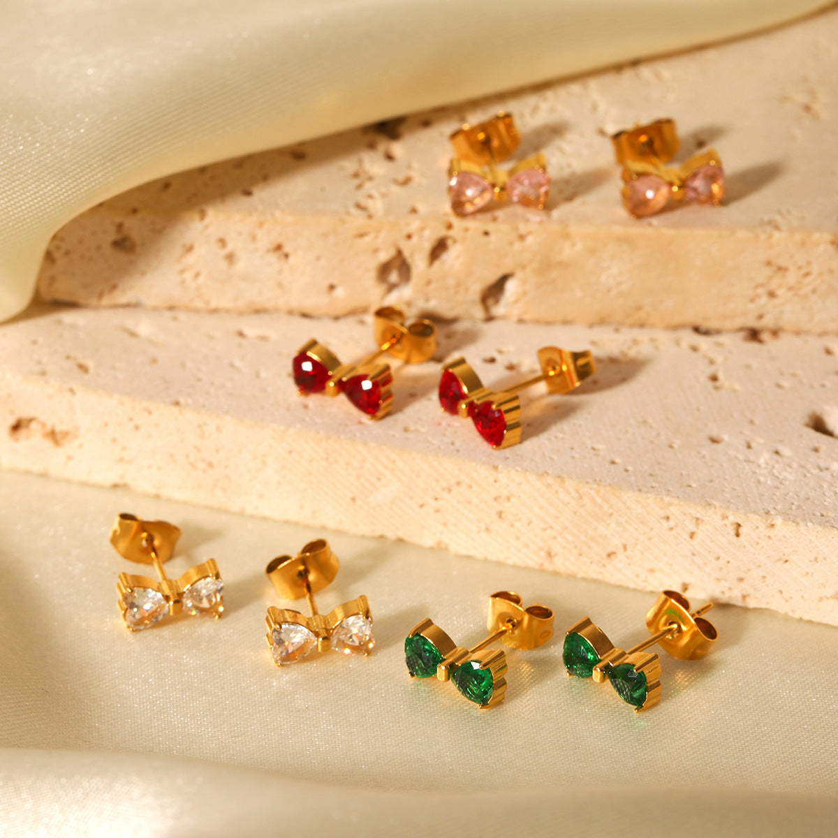 Ins Style Stainless Steel Bow Earrings Inlaid Zircon Earrings Female Titanium Steel 18K Gold-Plated Earrings