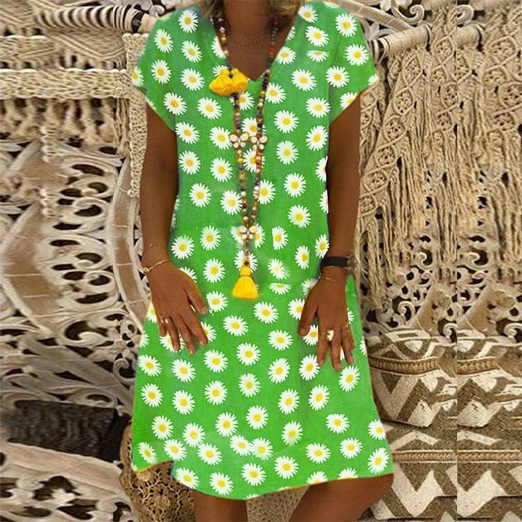 2020 Summer Floral Summer Loose Dress Women V-neck Short Sleeve Plus Size Elegant Midi Dresses Beach Casual Boho Yellow Dress