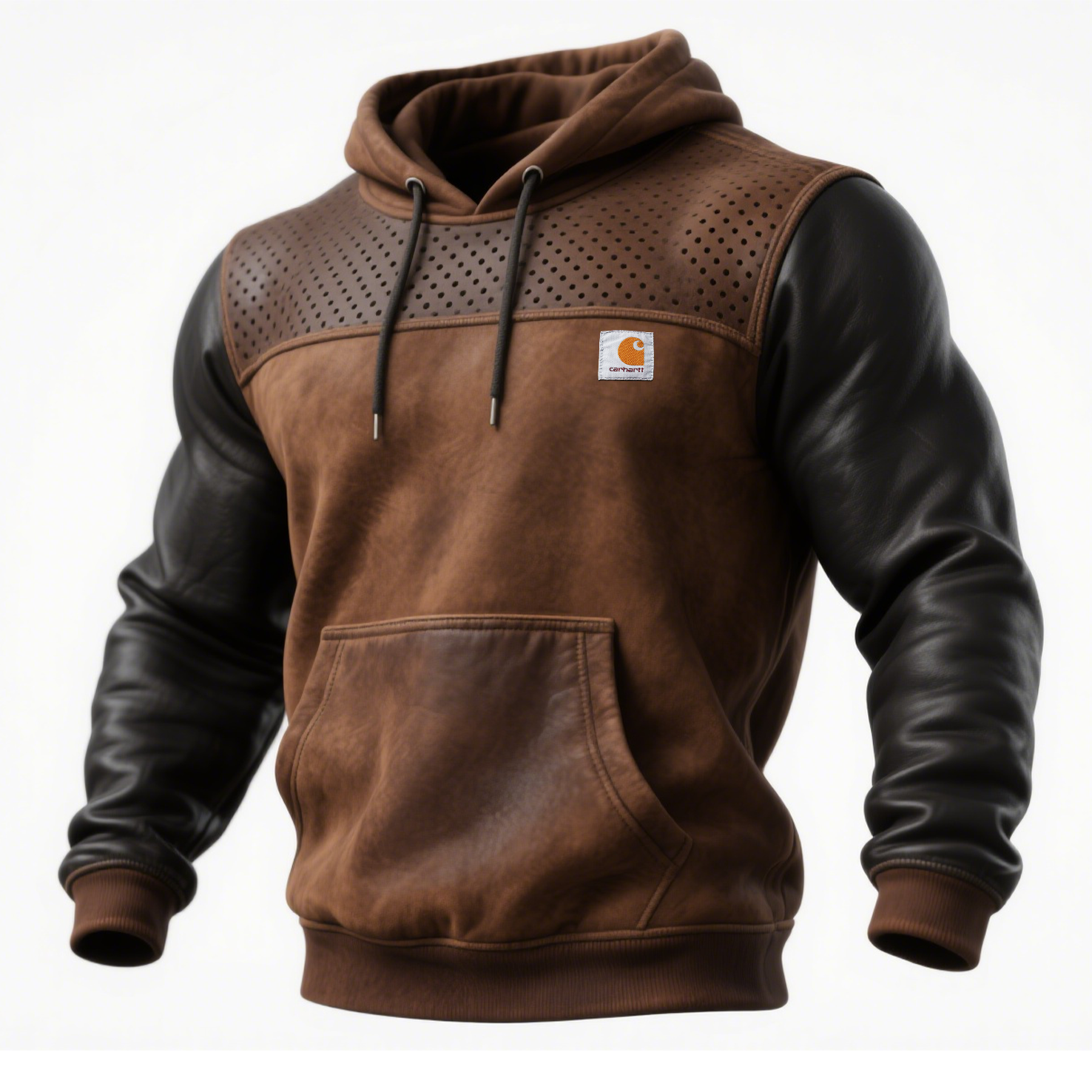 Men's Vintage Brown Leather And Fleece Hoodie With Perforated Details