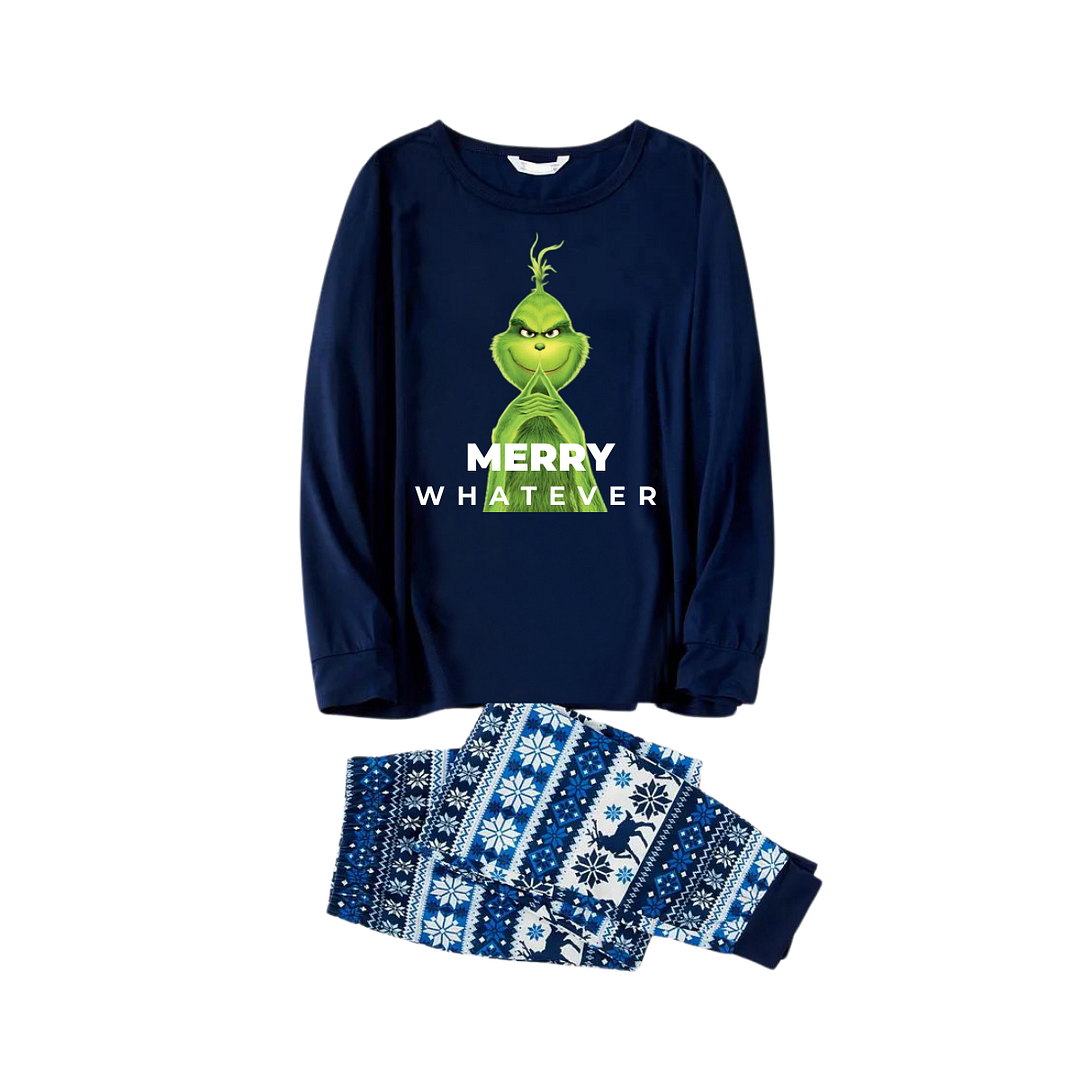 Cute Cartoon Pattern and "Merry Whatever" Slogan Printed Blue Top Navy Blue Plaid Pants Family Matching Pajamas
