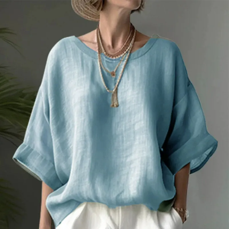 Women's Linen Cotton Batwing Sleeve Round Neck Blouse