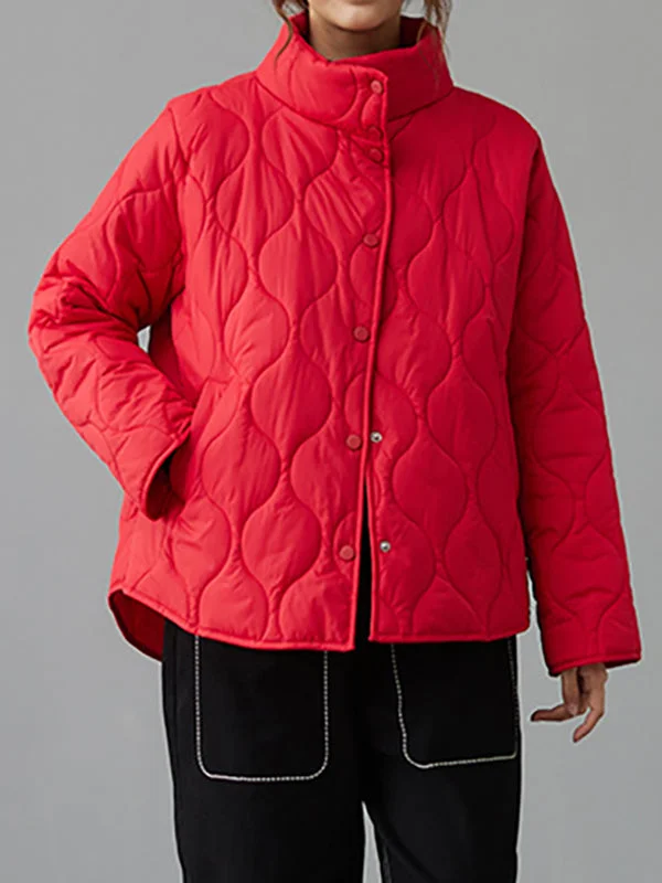 Pockets Quilted Pure Color High-low Long Sleeves High Neck Padded Coat