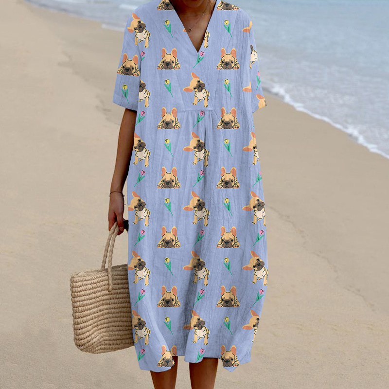 Cute Dog Art Linen Short Sleeves Midi Dress wearshes