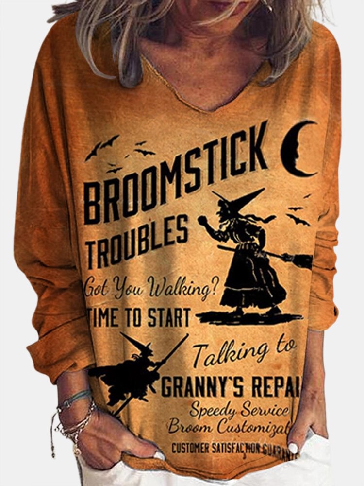 Halloween Printed Long Sleeve V neck T shirt For Women P1760477