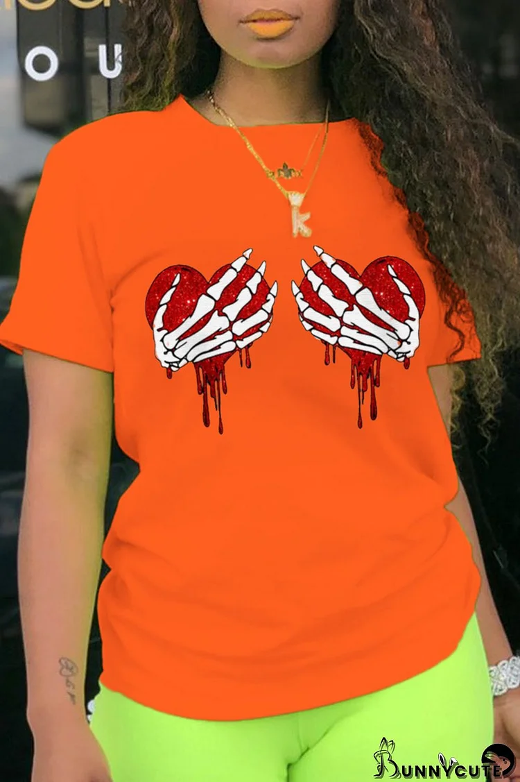 Orange Fashion Print Patchwork O Neck T-Shirts