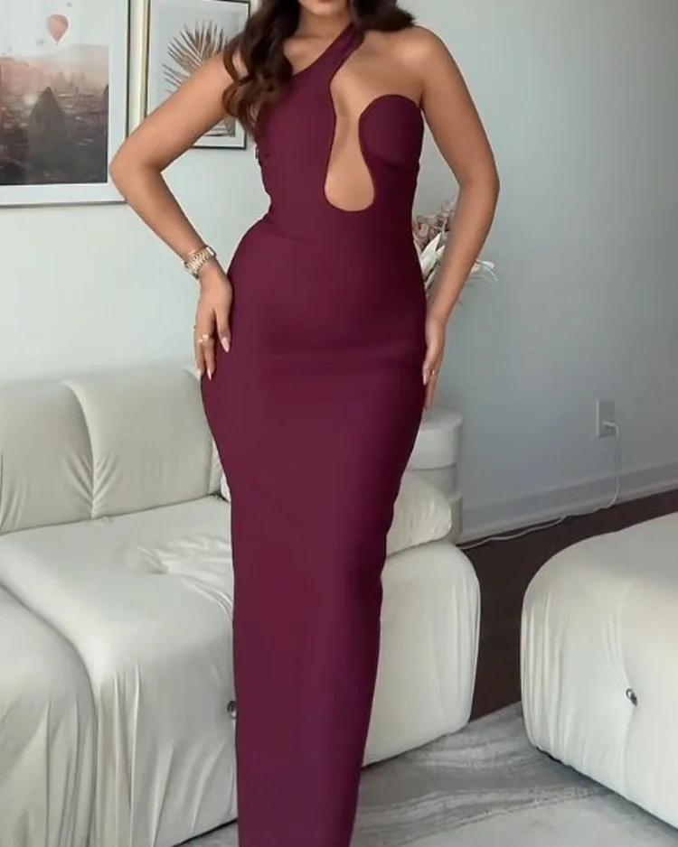 One shoulder printed solid color dress