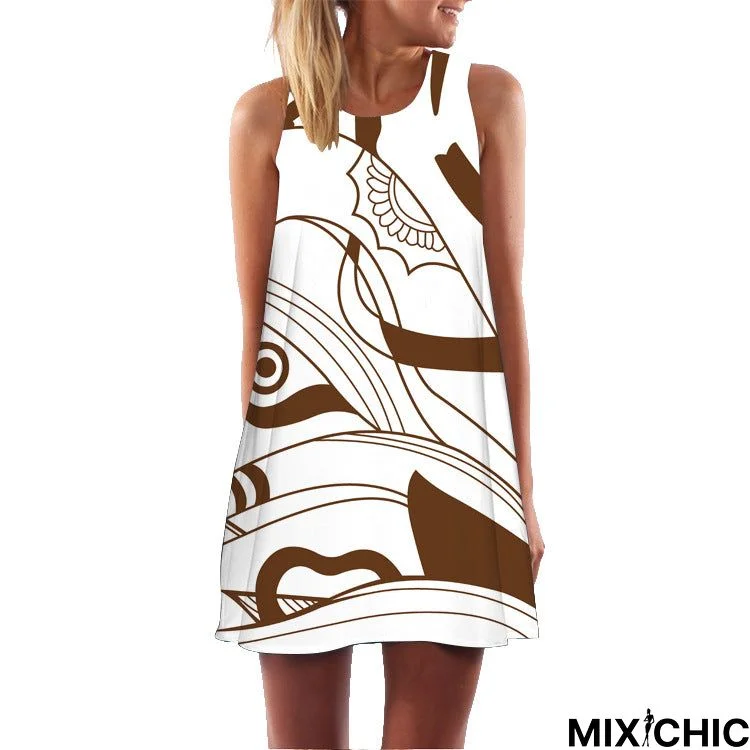 Retro Regular Sleeve Digital Printed Round Neck Off-the-shoulder Mid-length Vest Dress