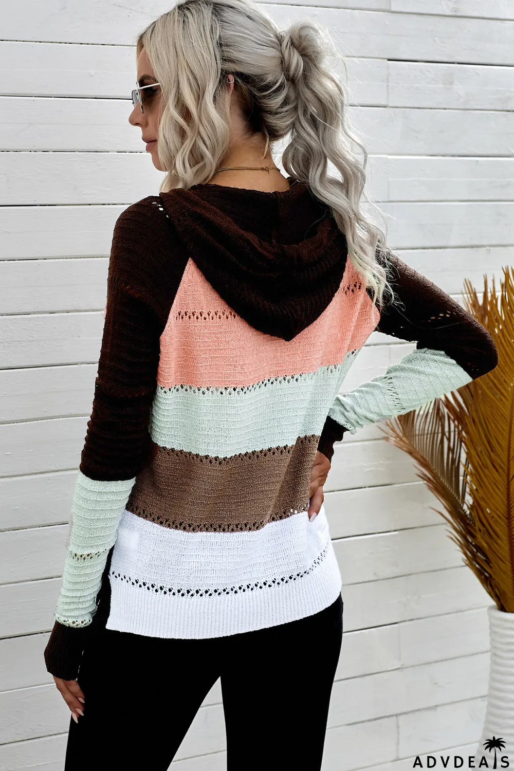 Brown Zipped Front Colorblock Hollow-out Knit Hoodie