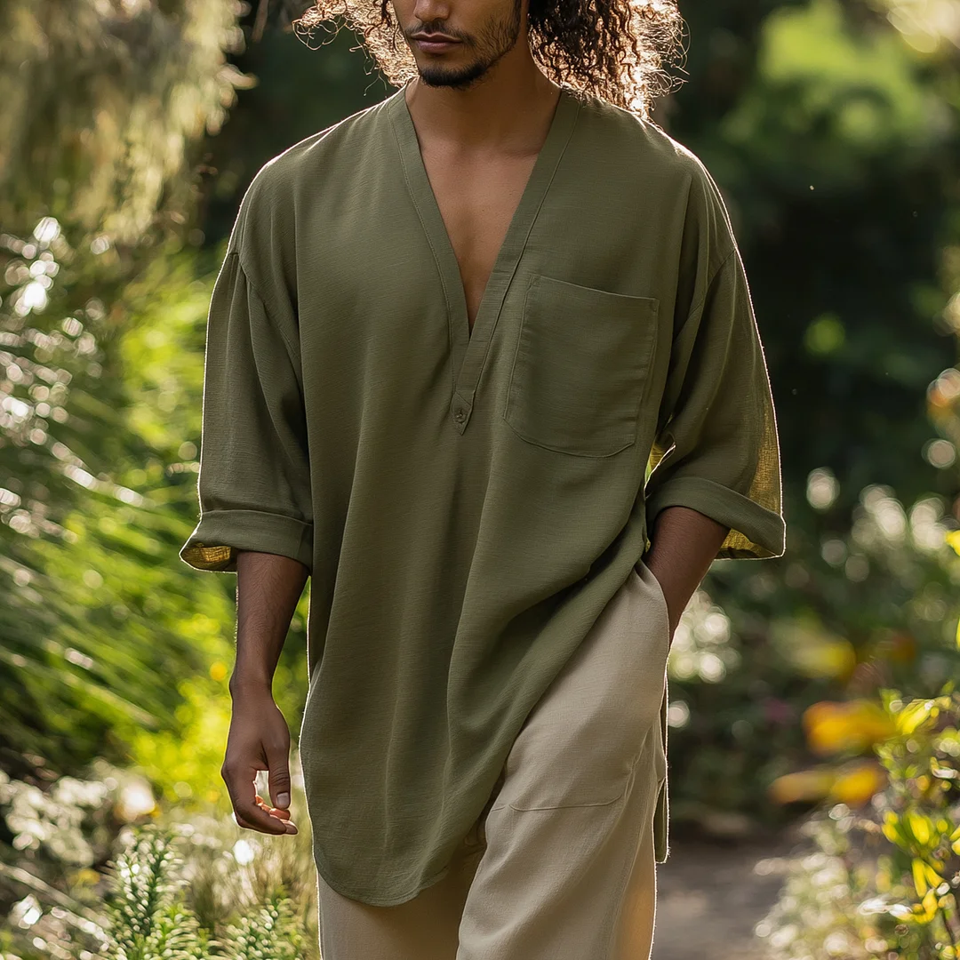 Olive Green Loose-Fit V-Neck Tunic With Pockets-inspireuse