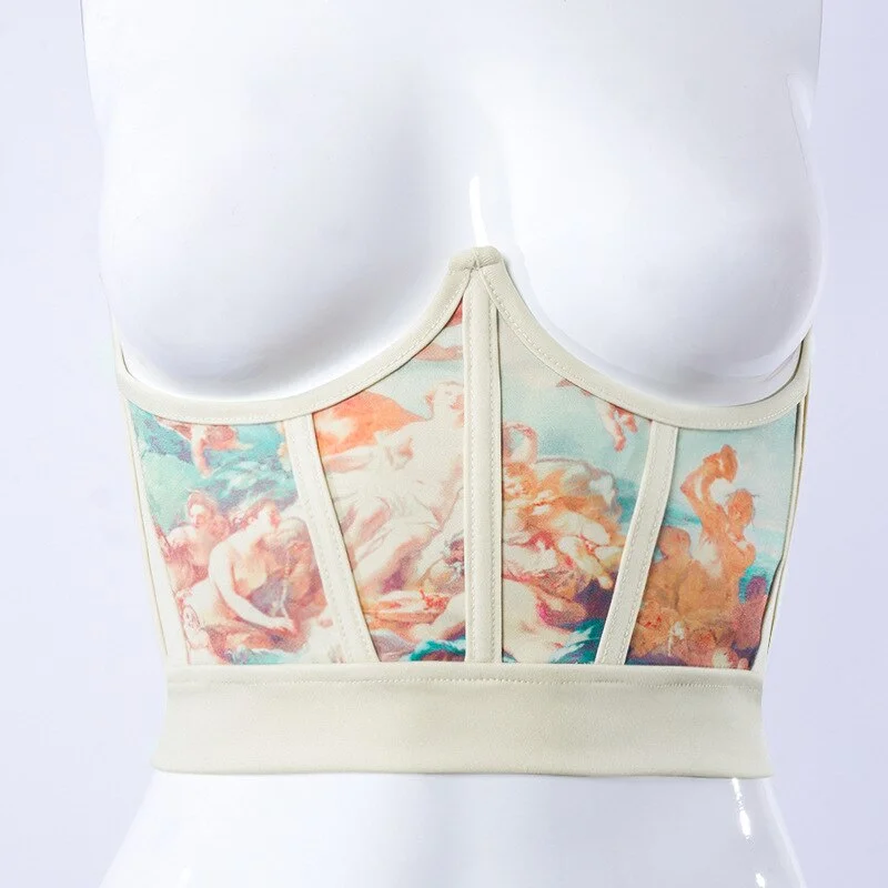 2022 Crop Top Vintage Print Push Up Corset Fashion Aesthetic Underbust Corset Belt Club Party Cupped Cummerbunds Tank Top