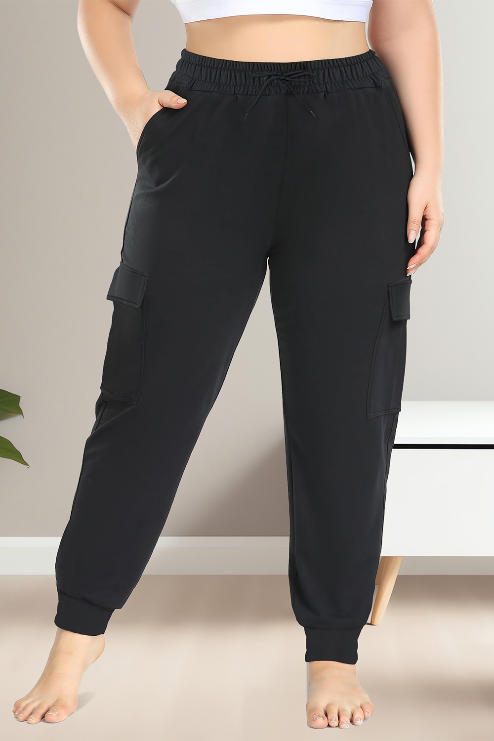 Plus Size Casual Black Drawstring Elastic Waist Pocket Jogger Pants 2024 - Flycurvy 