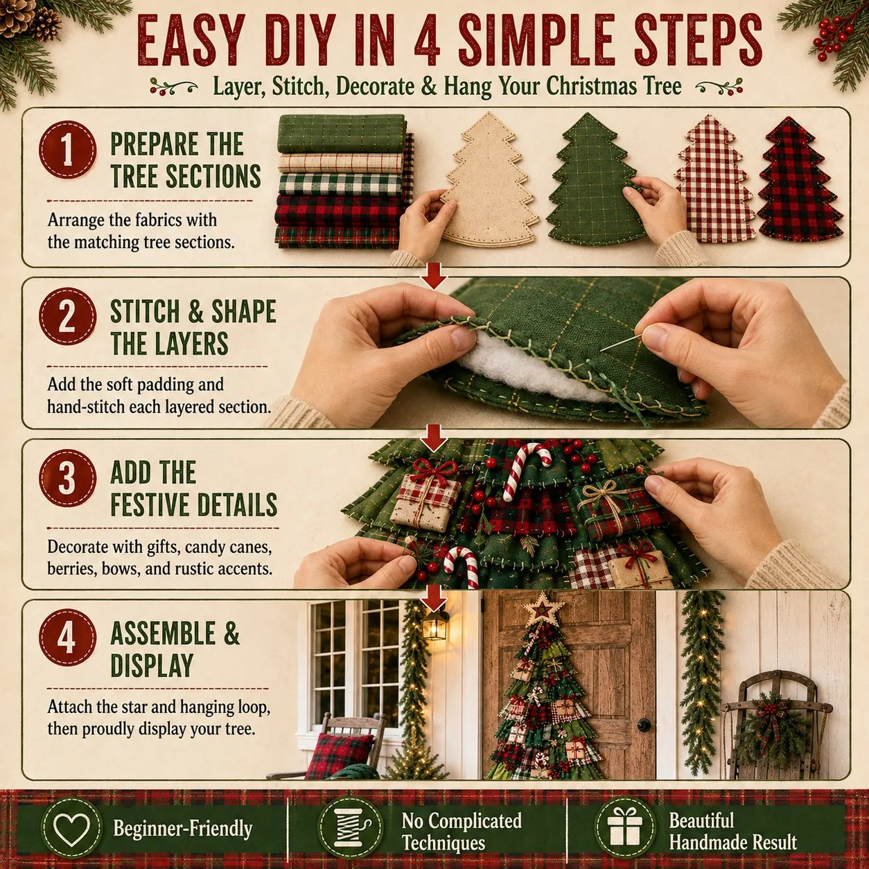 Step by step patchwork Christmas tree craft process