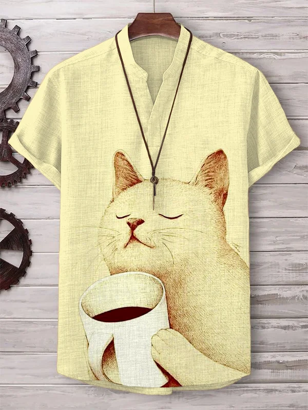 Men's Cat Coffee Time Print Cotton And Linen V Neck T-Shirt