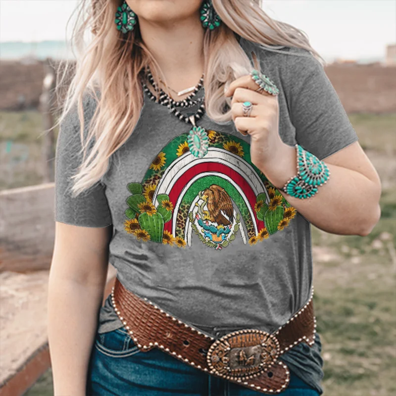 Cactus Sunflower And Eagle Printed Casual Women's T-shirt