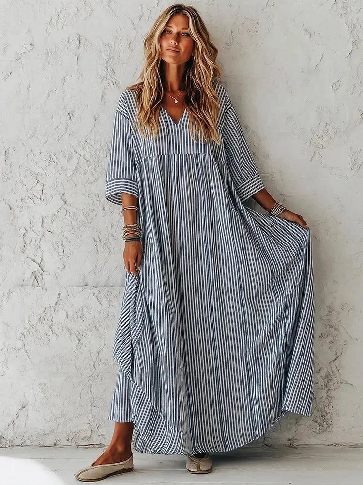 Women's Striped Casual V-neck Maxi Dress