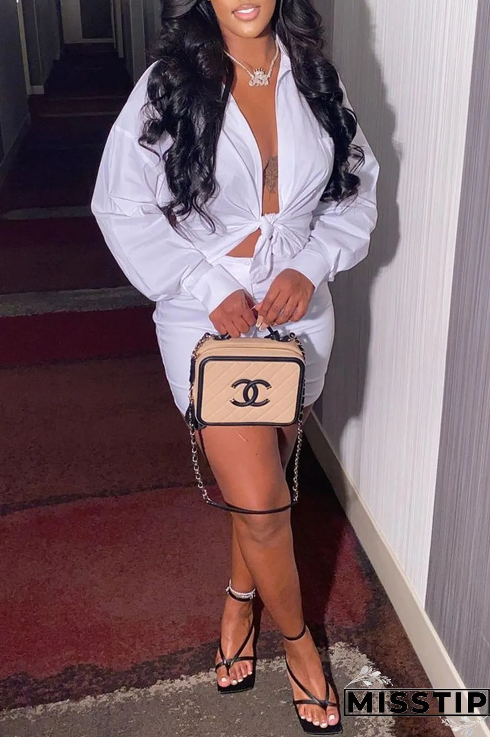 Coffee Fashion Sexy Solid Basic Turndown Collar Long Sleeve Two Pieces