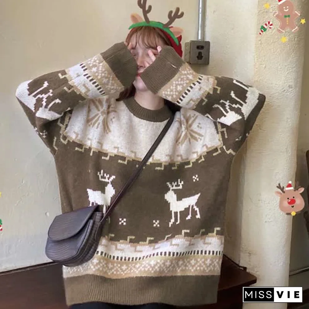 Christmas Reindeer Pattern Colorblock Round Collar Sweater