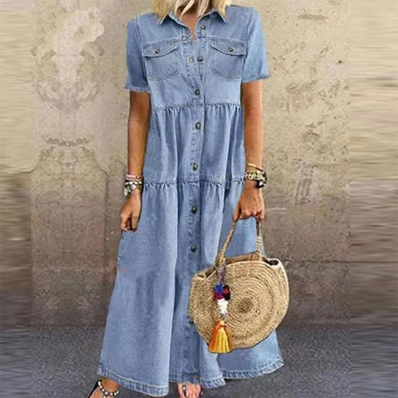 Gentillove Vintage Polo Neck Pockets Denim Dress Women Short Sleeve Pockets Button Loose Long Dress Oversized Jean Dress