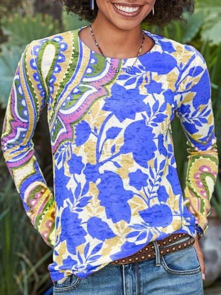 Long Sleeve Printed Crew Neck Top