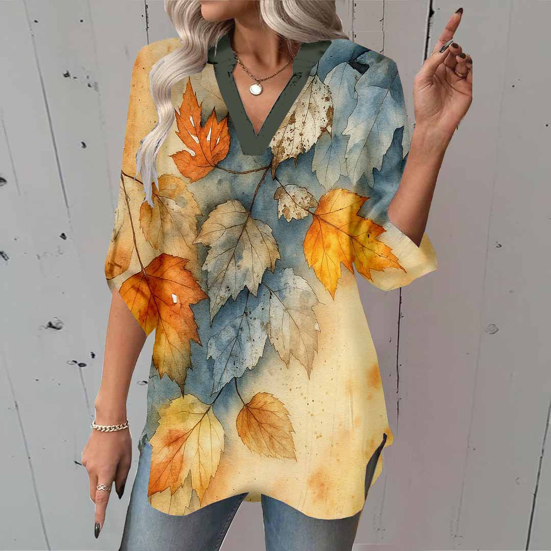 Women Leaves, Yellow DZGA0350 3/4 Sleeve V-neck Printed Graphic Button Tops